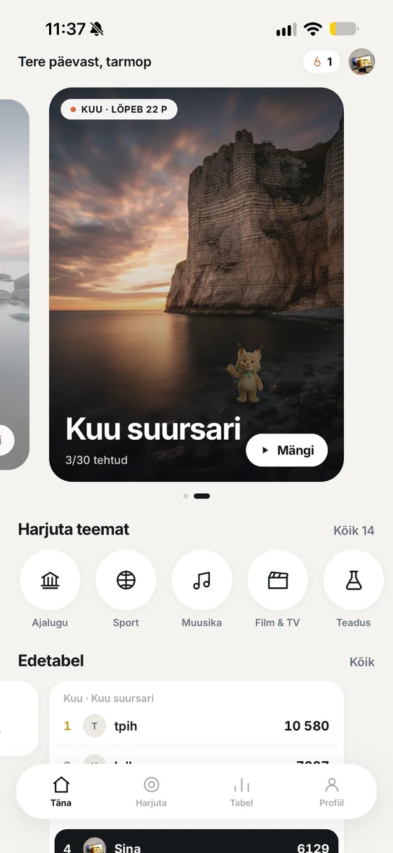 Päeva väljakutse kaart äpis